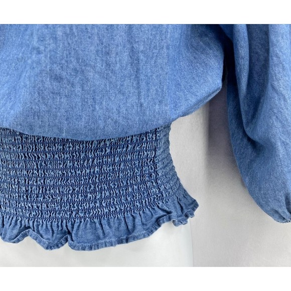 Retro 70s Chambray Top M Denim Blue On or Off Shoulder Wide Ruched Waist Ruffle - Picture 4 of 12